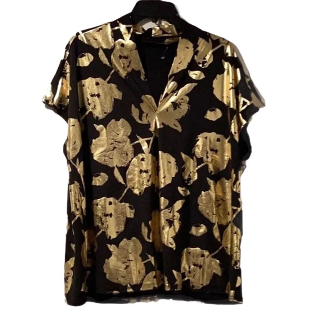 NWT Rachel Roy ladies black & gold blouse stretch polyester & spandex size 2X - Picture 2 of 9